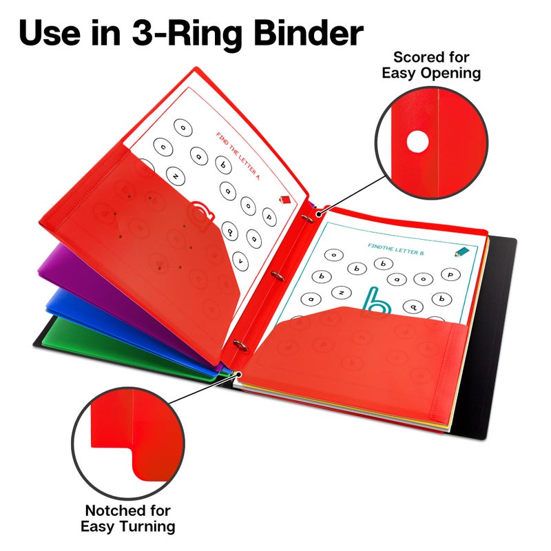 Dunwell Plastic 2-Pocket Folders for 3-Ring Binders, (6 Pack, Assorted Colors) 3 Hole Punched, Divider Folder for Notebook, Durable Poly, Fits 8.5x11 Sheets, Includes Labels - Image 4